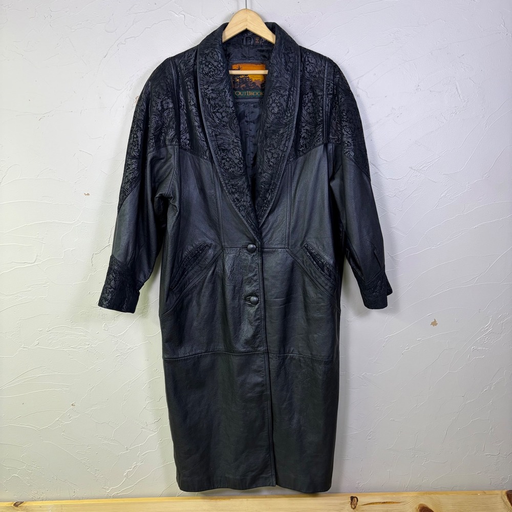 Vintage OutBrook Leather Trench Coat Women Large Black Paisley Embossed Goth